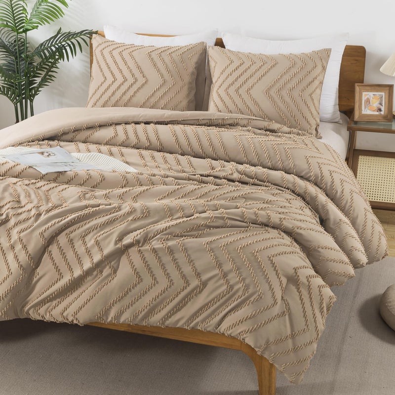 Andency Taupe Comforter Set Full Size, Boho Soft Warm Tufted Bedding Comforter Sets for Full Size Bed, 3 Pieces Aesthetic Chevron Farmhouse Cute Bohemian Textured Bed Set - Image 1